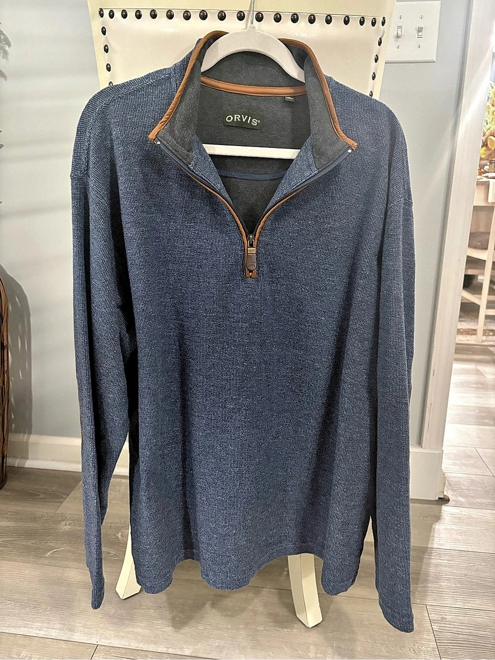 Orvis Men's Blue Quarter-Zip Leather Elbow Patches